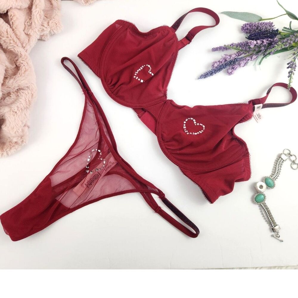38D {Victoria's Secret} Red Mesh Hearts Bra and Thong Set